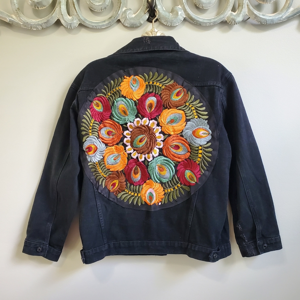 New Boho Embroidered Patch Denim Jean Jacket Oversized Coat Black - Picture 4 of 13